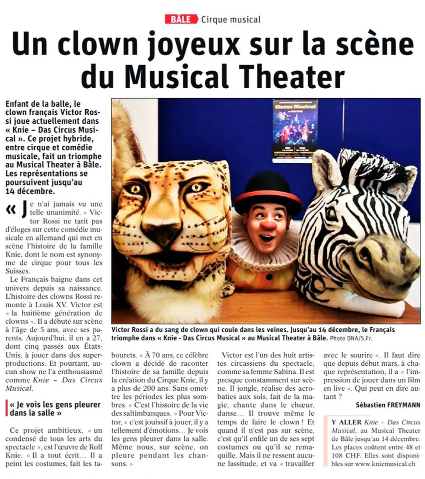 Article de presse Bâle - Un clown joyeux sur la scène du Musical Theater avec Victor Rossi